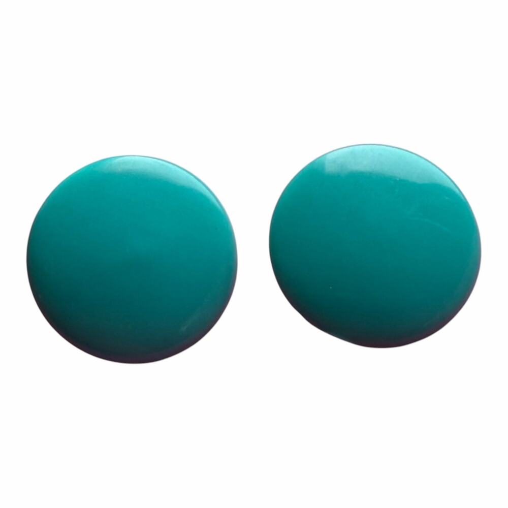Vintage Mid Century Modernist Teal Button Disc Clip On Earrings